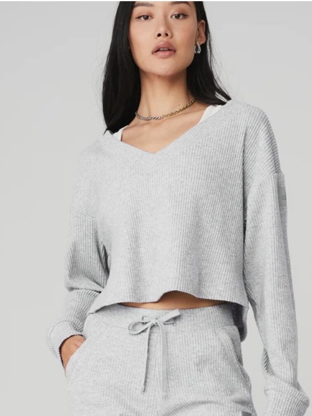 ALO Yoga Light Gray Muse Ribbed V-Neck Oversized Cropped Sweater